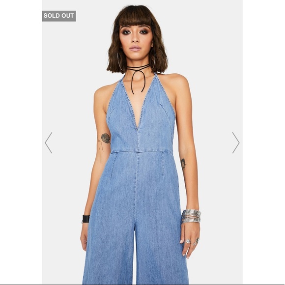 Free People Retro Wide Leg Denim Halter Jumpsuit - Picture 10 of 12